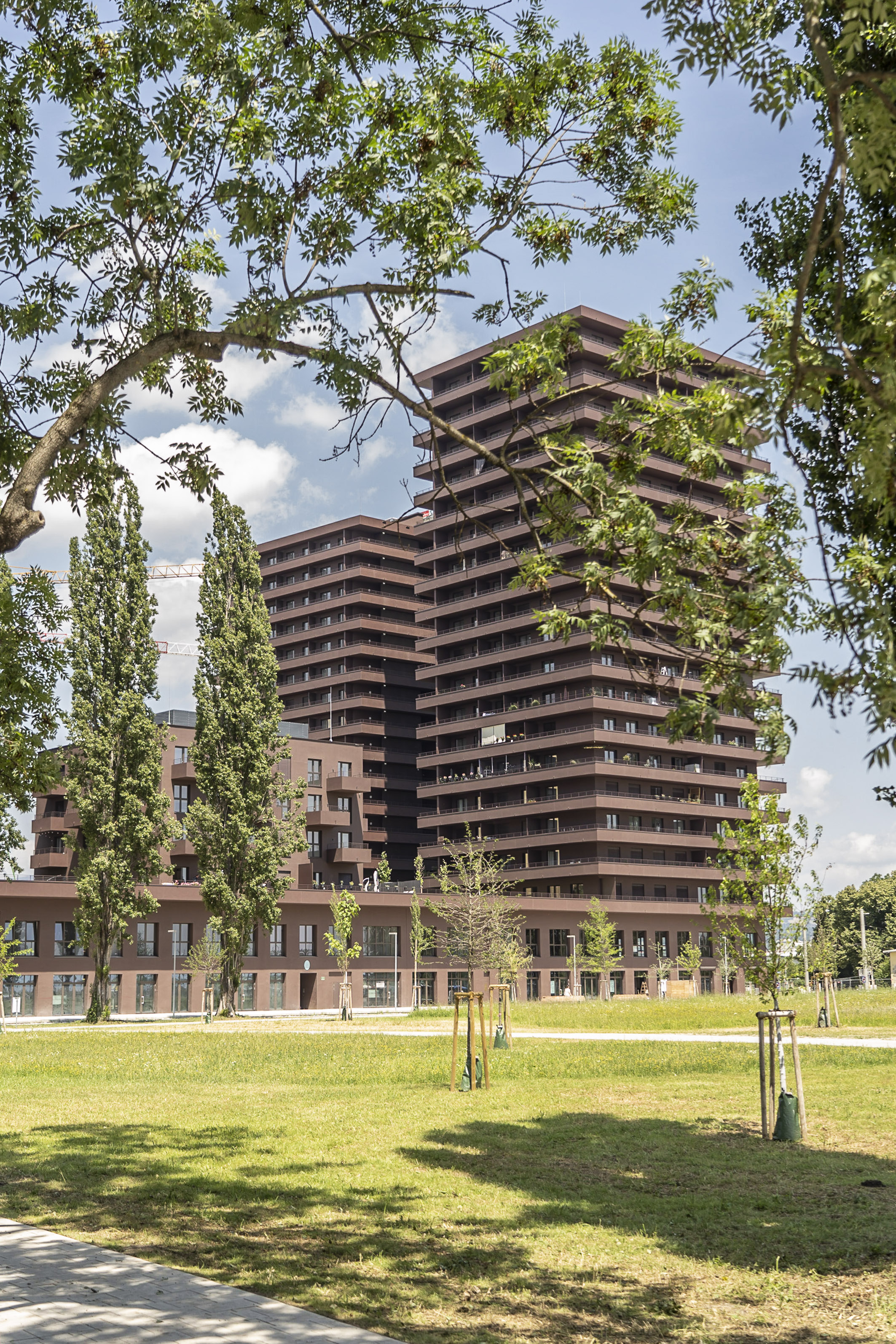 Blick durch Bäume auf das halbversteckte Wohnprojekt mirror, das zweithöchstes Wohngebäude der Steiermark 